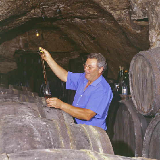 Viticulteur contrôle le vin du tonneau